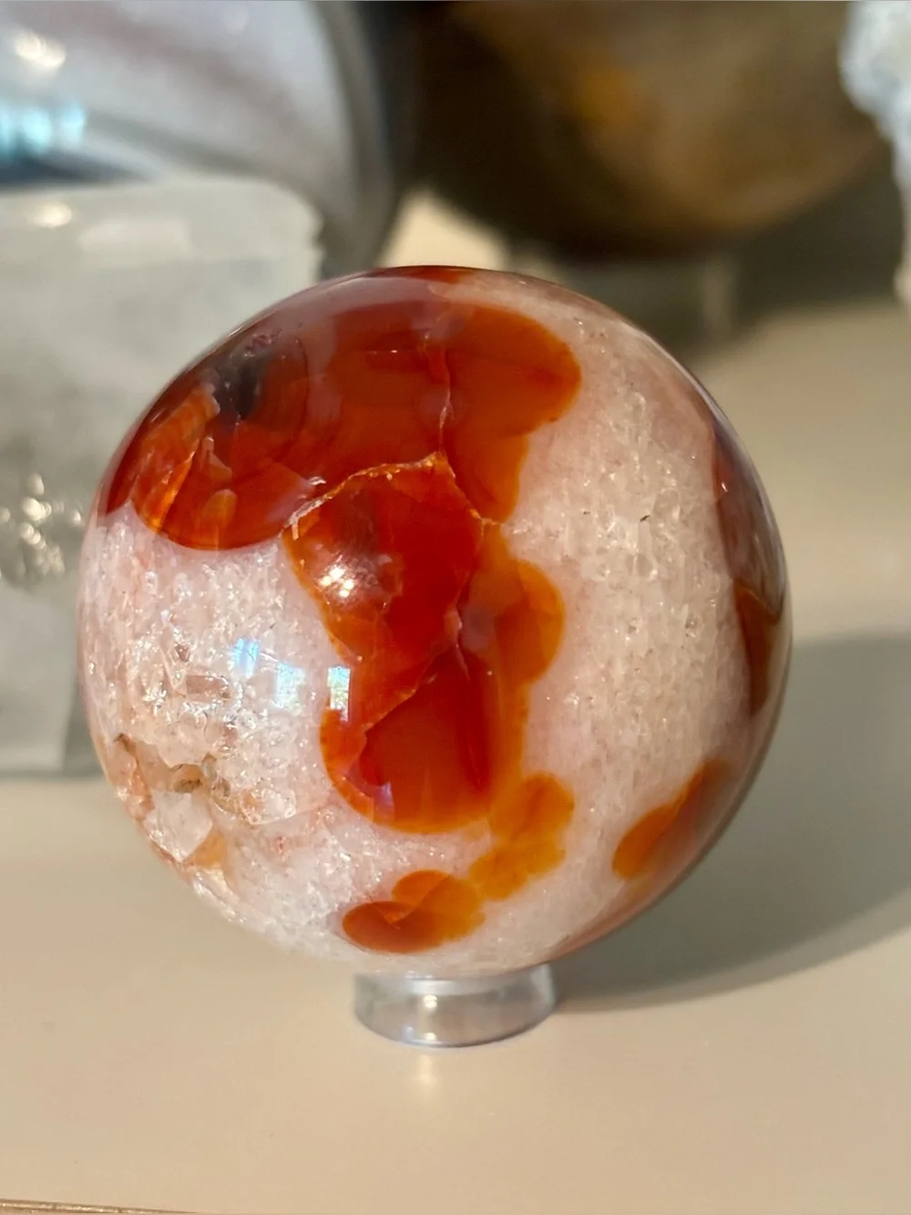 Red Ocean Jasper Sphere with Druzy Pockets – Orbicular Crystal Sphere w Stand